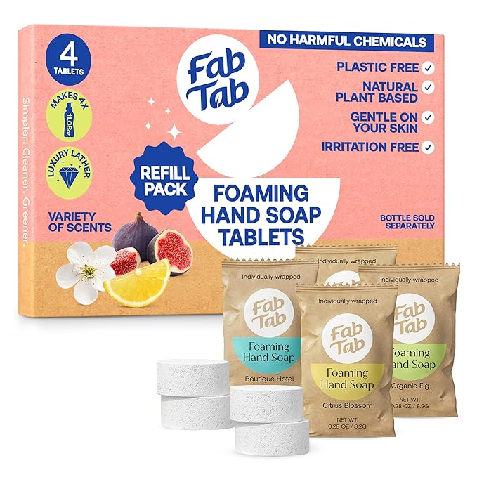 Fab Tab Foaming Hand Soap Kit - Natural Hand Soap - Bathroom Hand Wash - Plant-Based - No Harsh Chemicals - Variety scents - 4 Pack. Makes 4 x 11.9 fl oz (Bottle Not Included)