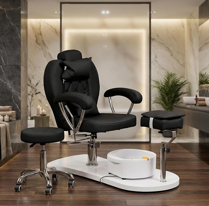 Pedicure Chair No Plumbing with Stool & Foot Bath, 360°Swivel Hydraulic Reclining Pedicure Station with Footrest & Ergonomic Headrest for Nail Tech, Spa, Salon (Black)