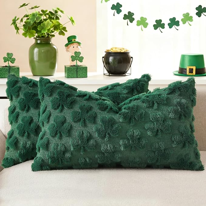 decorUhome Faux Fur Throw Shamrock Green Pillow Covers 12x20 Set of 2 | Plush Soft Wool St. Patrick’s Day Throw Pillow Covers, Accent Modern Farmhouse Pillow Covers Holiday Decor for Sofa Bed