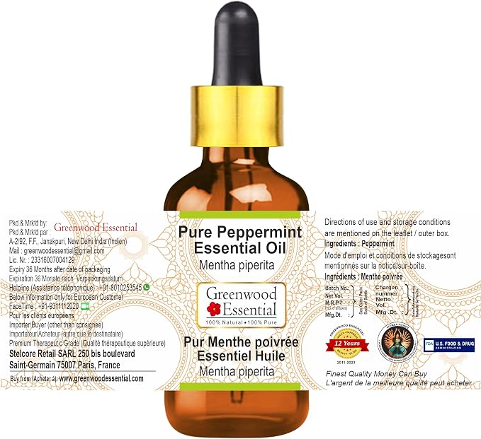 Greenwood Essential Pure Peppermint Essential Oil (Mentha piperita) with Glass Dropper Steam Distilled (Pack of Two) 100ml X 2 (6.76 oz)