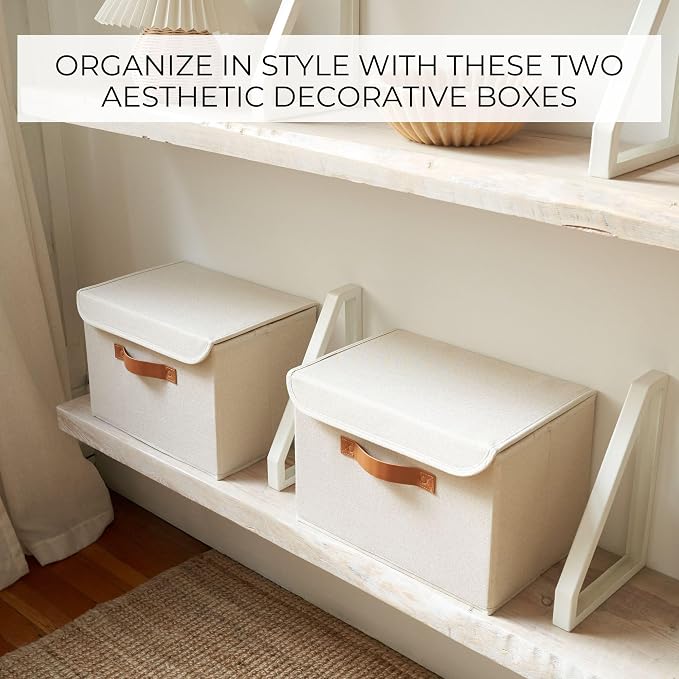 Decorative Linen Storage Boxes with Lids - Large Set of 2 Organizer Bins | The Perfect Container for Home Decor - Safely Store Photos, Documents and Memory Box Keepsakes in Style