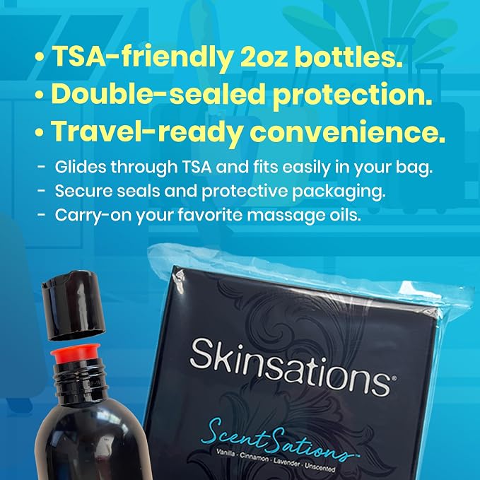 Massage Oil Gift Set – Variety Set for Couples, Travel Size (4 × 2oz) – Lightweight, Non-Greasy, Hydrating Body Oils for Relaxation & Gifting – Vanilla, Cinnamon, Lavender & Unscented