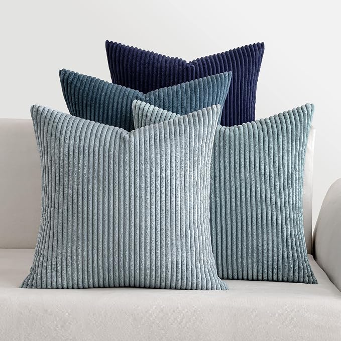 MIULEE Soft Corduroy Decorative Throw Pillow Covers Blue Navy Series 16x16 | Set of 4, Modern Nordic Coastal Decor, Classic Blue Palette, Boho Farmhouse Cushion Covers for Couch Bed Sofa Living Room