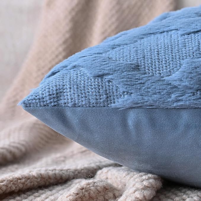 Set of 2 Soft Moroccan Throw Pillow Covers 16x16 Inch Plush Boho Decorative Pillow Cover Accent Cushion Case for Couch Sofa Bed, Grey Blue