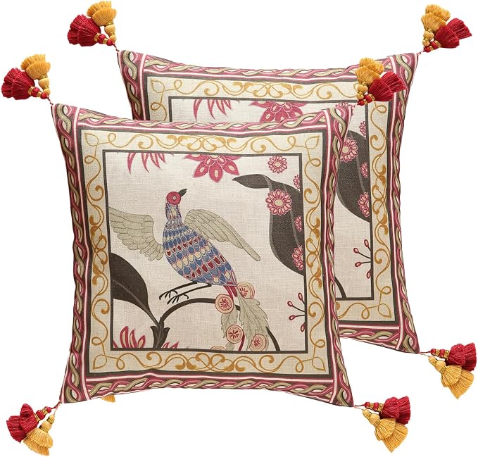 patdrea Vintage Linen Throw Pillow Cover,18"x18",Set of 2-Schumacher C | Elegant Decorative Pillow Case,Bird Pattern with Tassel Pendant,Cushion Coverfor Couch Living Room Bedroom Sofa