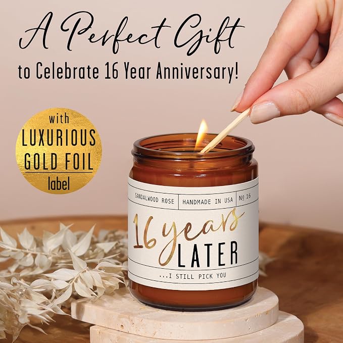 16th Year Marriage Anniversary - '16 Year Later' Candle,w/Sandalwood Rose - Infused w/Essential Oils I 16th Year Anniversary for Her Gift I 50Hr Burn I USA Made