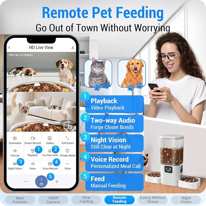 Frienhund Automatic Cat Feeder with Two 1080P Camera for 2 Cats: 7L Automatic Dog Feeder with Night Vision & Slow Feed, 5G WiFi Auto Cat Food Dispenser for Multiple Pet,Detachable for Clean(ACF180W-C)