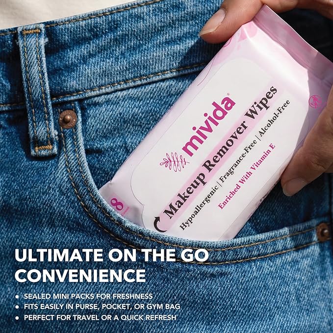 mivida Hypoallergenic Mini Pack Makeup Remover Wipes Bulk with Vitamin E, Alcohol Free, Fragrance Free Makeup Wipes for Sensitive Skin, Travel Size - 5 Bags of 10 Packs (400 Total Count)