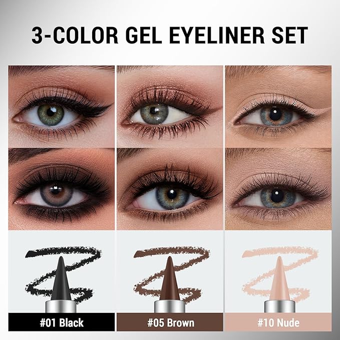 Noerrors 3pcs Black Brown Nude Beige Matte Gel Eyeliner Pencil Set, Waterproof Smudge Proof Smoky Waterline Eye Crayon for Winged Liner Goth Makeup, Cream delineador de ojos&Eyeshadow Stick for Women