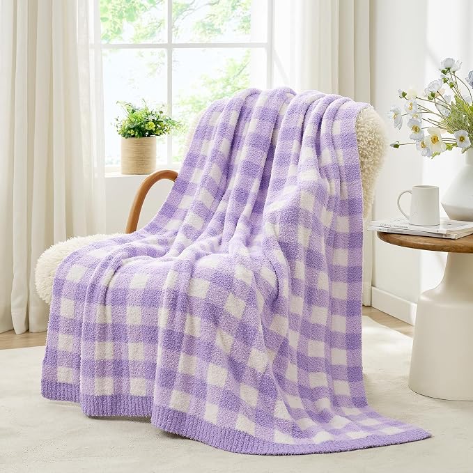 Snuggle Sac Buffalo Plaid Bedding Blanket Twin Size, Super Soft, Cozy Warm Knit Decorative Blankets, Reversible Plaid Fluffy Throws for Bed, Plaid Purple, 60x80 Inches