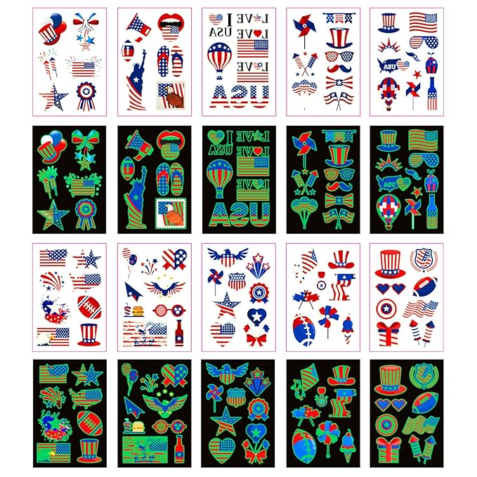 80PCS Luminous 4th of July Temporary Tattoos, American Flag Red White and Blue Decor, Fourth of July, USA Party Favors, Memorial Day, Independence Day,Labor Day Decorations Glow Party Supplies