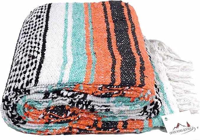 Open Road Goods Bulk Falsa Blankets - Handwoven Authentic Mexican Falsa - Great for Weddings, Yoga, Beach, Picnics, or Mexican Throw! (Mint/Orange, 7 Pack)