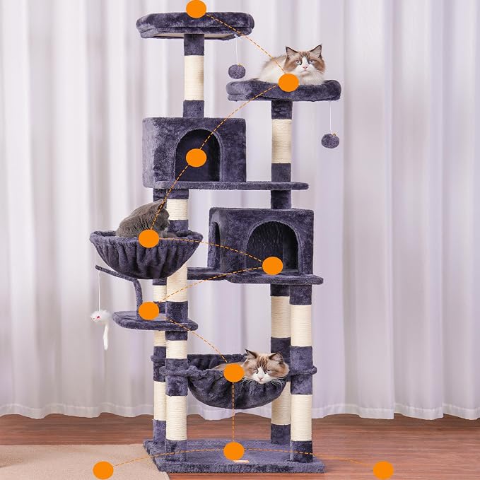 Heybly Cat Tree, 70 inches Tall Cat Tower for Indoor Large Cats HCT032G | Big Cat Condo with Toy , Cat House Furniture with Padded Plush Perch, Cozy Hammock and Sisal Scratching Posts, Smoky Gray
