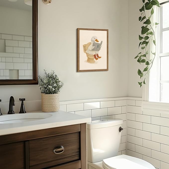 Framed Duck Bathroom Wall Art, Whimsical Duck Reading on Toilet, Funny Kids Bathroom Wall Decor, Vintage Farmhouse Toilet Decor, Cute Animal Canvas Print for kids Room 12x16 inch