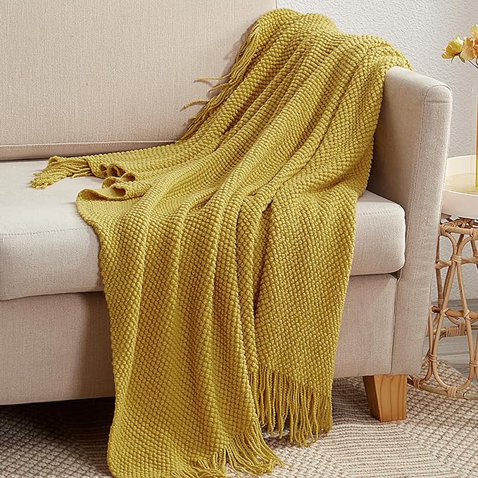 LOMAO Knitted Throw Blanket with Tassels Bubble Textured Lightweight Throws for Couch Cover Home Decor (Mustard Yellow, 50x60)