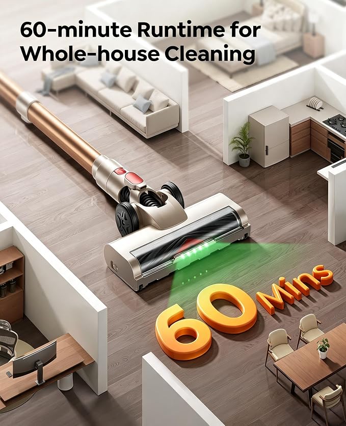 Cordless Vacuum Cleaner 650W 55KPA, 60Mins Stick Vacuum Cordless Rechargeable with 90° Folding Tube, Adjustable Height, Anti-tangle Brush, Wall-Mount, Handheld Vacuum Cleaner for Home/Pet Hair/Floors
