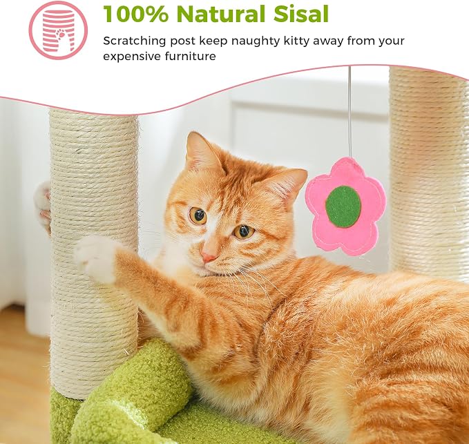 PEQULTI Indoor Cat Tree Tower Small Cats, Sisal Post & Cozy Condo, Pink | Private soft cat condo, soft top perch, natural sisal scratch posts, plush pom-pom toy for indoor kitties