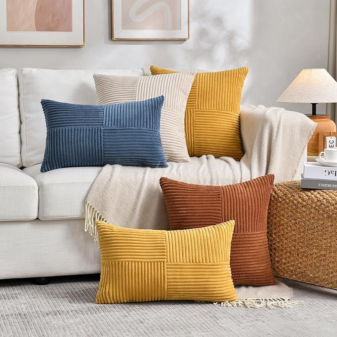 Fancy Homi Dusty Blue Decorative Throw Pillow Covers 20x20 Inch for Living Room Couch Bed Sofa, Rustic Farmhouse Boho Home Decor, Soft Corss Corduroy Patchwork Accent Cushion Case 50x50 cm