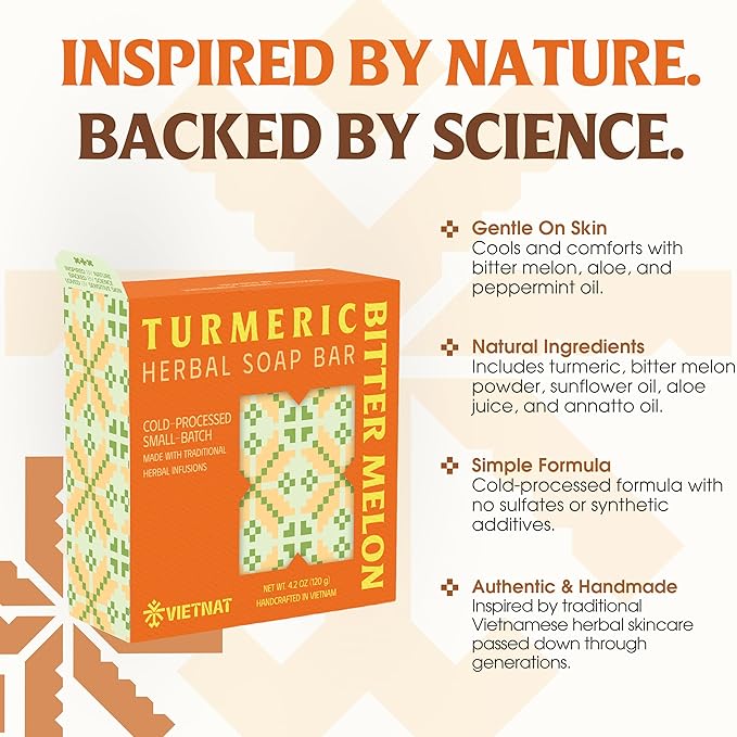 Turmeric & Bitter Melon 2-in-1 Natural Soap Bar (4.2 oz) | Herbal Freshness & Gentle Refreshing Cleanse | Cold-Processed, Handmade in Vietnam (Pack of 1)