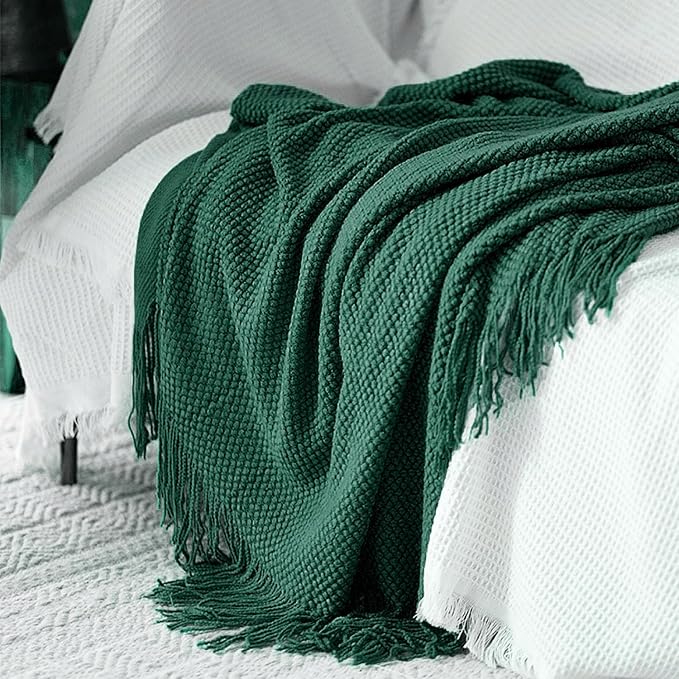 LOMAO Knitted Throw Blanket with Tassels Bubble Textured Lightweight Throws for Couch Cover Home Decor (Green, 50x60)