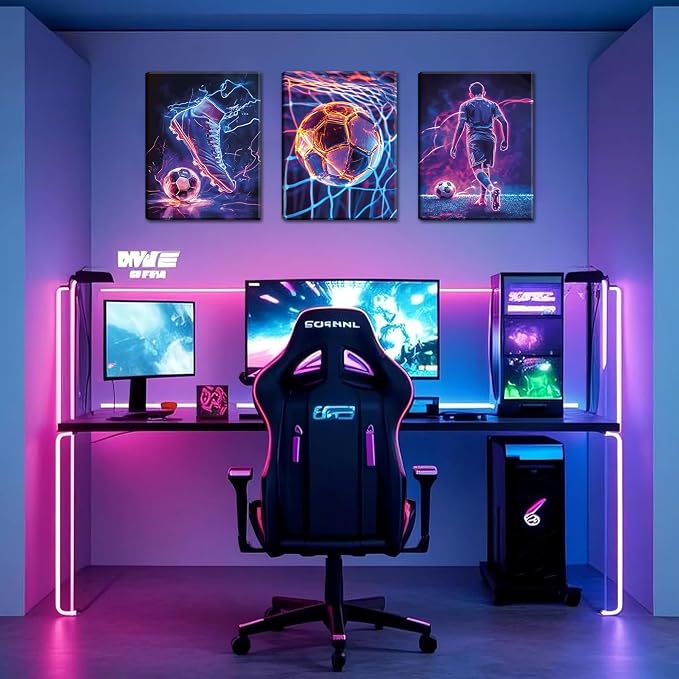 Cool Soccer Gaming Wall Art Set of 3, Neon Video Gamer Canvas Pictures, Colorful Soccer Game Painting Prints for Boys Room, Gaming Room Decor for Kids Gamer Room 16x24 inch Framed