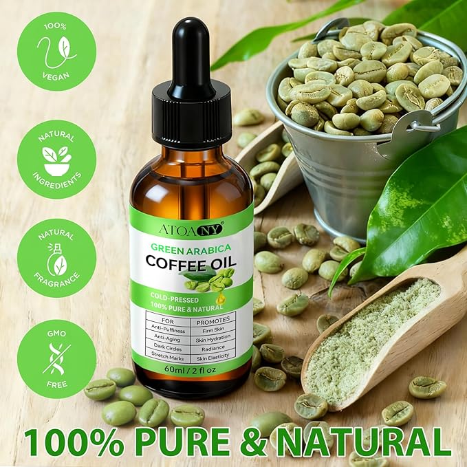 Coffee Essential Oil, Coffee Oil for Skin, Green Coffee Bean Oil for Face & Hair Growth, Cellulite, Reduces Puffiness, Dark Circles, Stretch Marks, Skin Tightening, Cold-Pressed, 4 Fl Oz