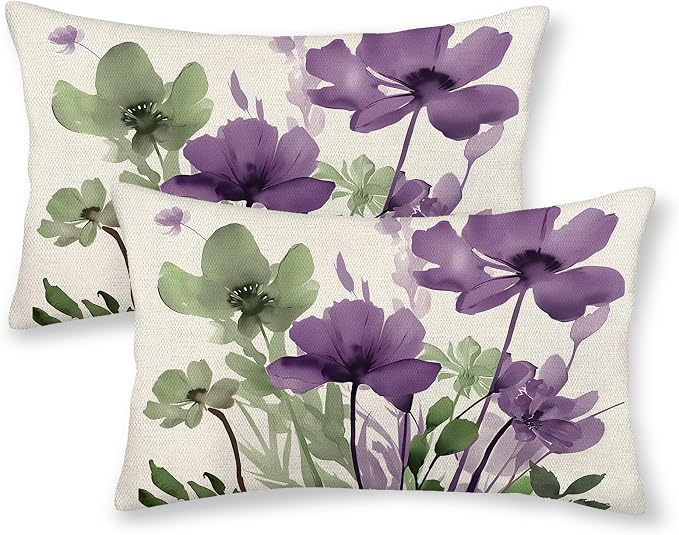 Spring Floral Pillow Covers 12x20 Inches Set of 2 Sage Green Purple Floral Throw Pillow Cover Outdoor Summer Flower Decoration Pillowcase Farmhouse Decorative Lumbar Cushion Cover For Home Sofa