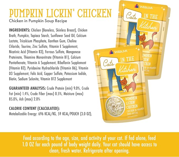 Weruva Cats in the Kitchen, Pumpkin Lickin' Chicken with Chicken Breast in Pumpkin Soup Cat Food, 3oz Pouch (Pack of 12)