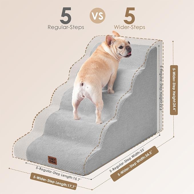 EHEYCIGA Curved Dog Stairs Ramp, 5-Step Extra Wide High Beds, Dog Steps | 33D density of pure foam, for Small Dogs and Cats, Pet Stairs for High Bed Climbing, Non-Slip Balanced Indoor, Light Grey