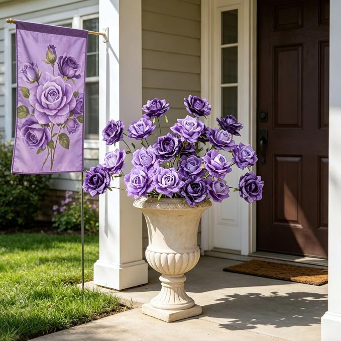 INXUGAO 6 Pcs Artificial Flowers Fake Roses for Outdoor, 28" Long Stem Silk Roses for Wedding Indoor Outside Party Decor, Realistic Faux Bouquet for Tall Vase Planter (Purple)