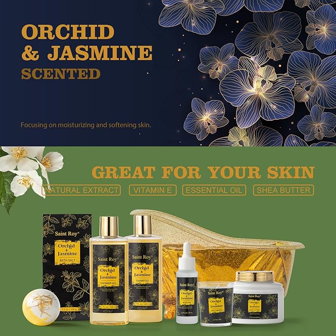 Mothers Day Home Spa Bath Gift Basket, Spa gift basket Christmas Gifts for Women men, Spa Kit Self-care Gifts, Spa Collection Gift, Orchid Jasmine Bath and Body Gift Pampering Spa Gifts Mother's Day