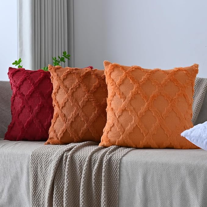 Set of 2 Soft Moroccan Throw Pillow Covers 24x24 Inch Plush Boho Decorative Pillow Cover Accent Cushion Case for Couch Sofa Bed, Burgundy