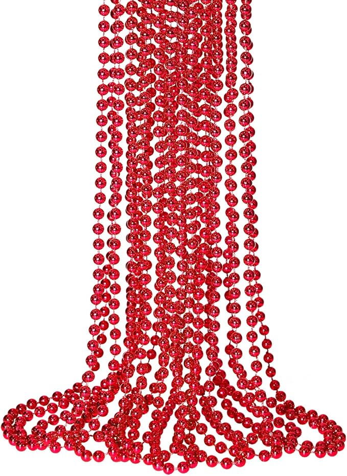 SHAOQINLIN 12 PCS Red Mardi Gras Beads, Red Beads Necklaces Christmas Necklace, 33" Metallic Party Bead Necklace for Valentines Christmas Parade Throws Wedding Birthday Party Favors