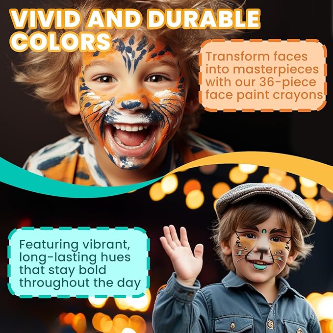 Face Paint, 36 Kids Face Paint Sticks, Professtional Face Painting Kit for Kids, 6 Fluorescent + 6 Metallic + 24 Classic Color, Non-Toxic & Washable Face Body Crayons