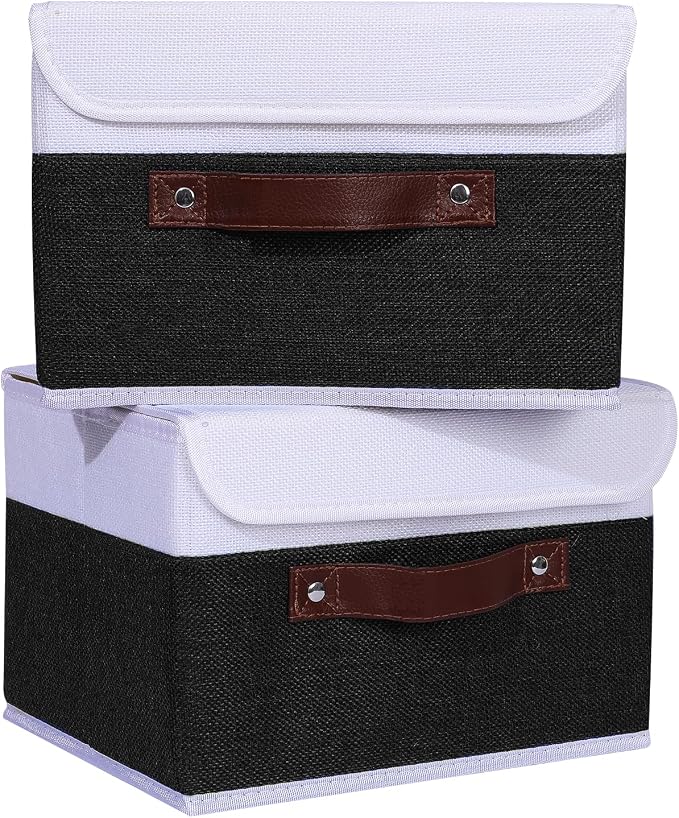 ANMINY Fabric Storage Box Bins with Lids, Black White, 10"x8"x7", 4 Pack | Keepsake Memory Storage, Cotton Linen, PP Board Reinforced, Washable, PU Handles, Foldable & Stackable, Decorative, Small