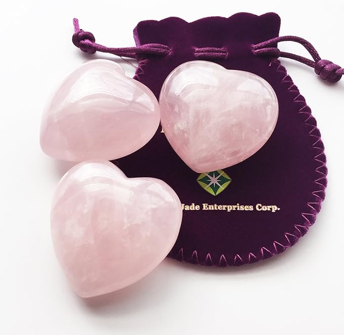 Polar Jade Set of 3 Hand-Carved Natural Rose Quartz Puffy Hearts – Healing Stones for Chakra Energy, Meditation, Massage, and Elegant Decoration