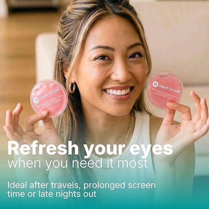 Medi Grade Cooling Gel Eye Mask for Puffy Eyes, Pink Set – Reusable Gel Eye Mask and Cooling Eye Pads with Thermo-Bag for Dark Circles and Morning/Night Skincare Routine – Reversible Cold Eye Mask