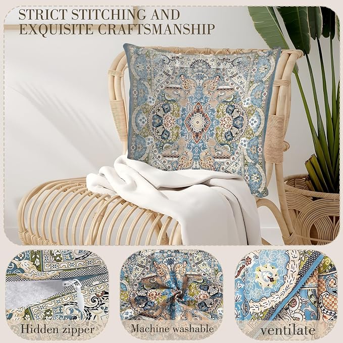 Boho Floral Throw Pillow Covers 20x20 inch Set of 2,Blue Boho Rug Geometric Floral Pattern Decor Double Sided Pattern Cushion Cover Soft Pillow Case Living Sofa Room Bed Square Pillow Cover