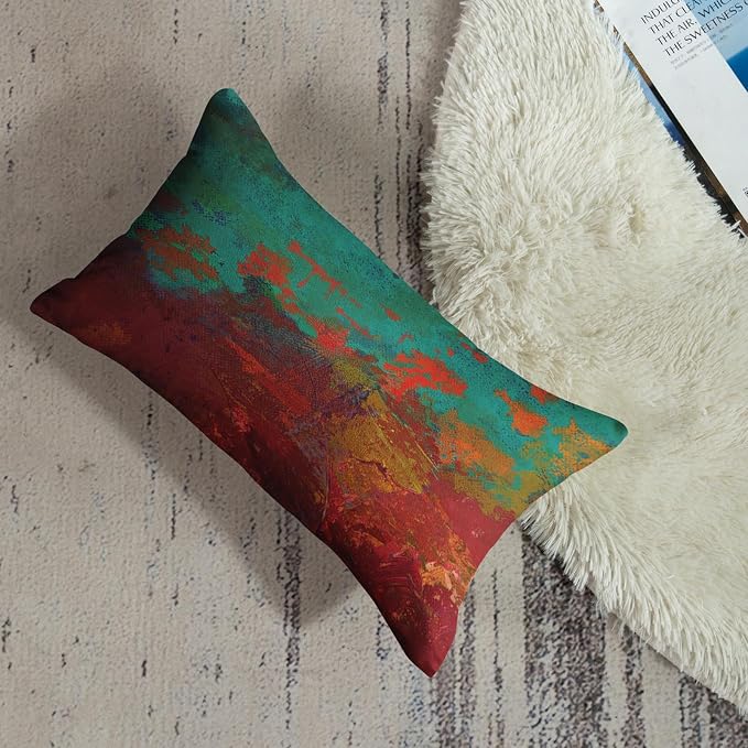 Throw Pillow Covers Set of 2, 12 x 20 Inch, Turquoise Burnt Orange | Abstract Modern Art Outdoor Decorative Square Pillow Cases Couch Cushion Case for Couch Bed Sofa Living Room Home Decor
