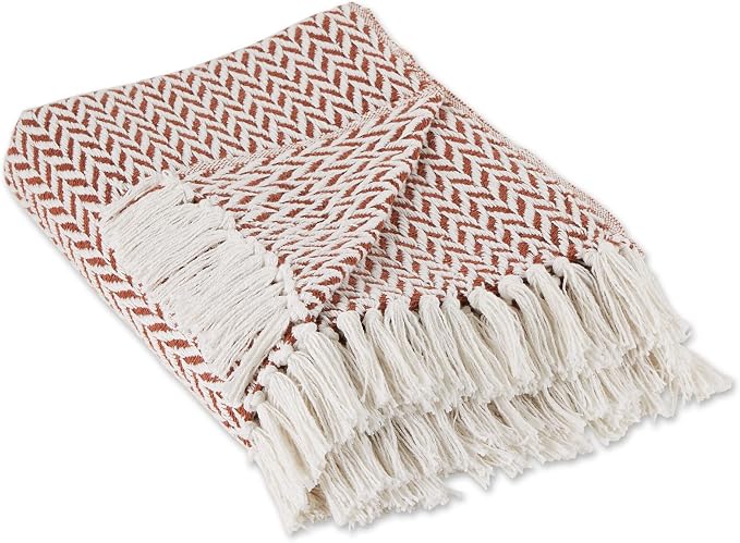 DII Modern Zig Zag Throw Blanket Woven Cotton, Hand-Knotted 2.5" Fringe, 50x60, Cinnamon