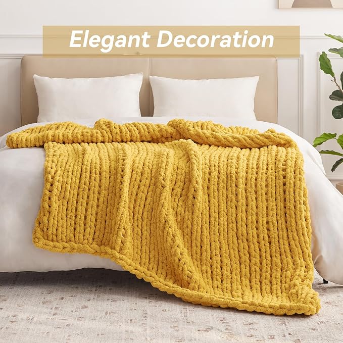 Negwoo Chunky Knit Throw Blanket, Knitted Throw Chenille Yarn, 60"*80" | Soft Thick Cable Knitted Blankets, Handmade Big Thick Blanket, Machine Washable Cute Comfy Blanket for Home Decor, Yellow
