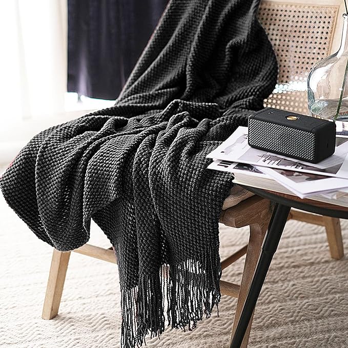 LOMAO Knitted Throw Blanket with Tassels Bubble Textured Lightweight Throws for Couch Cover Home Decor (Black, 60x80)