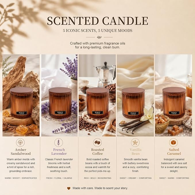 Amber Sandalwood Scented Candle with Crackling Wood Wick, Hand Poured Soy Wax Candle, Long Lasting Aromatherapy Candle for Home, Gifts for Men, 5.29 Oz