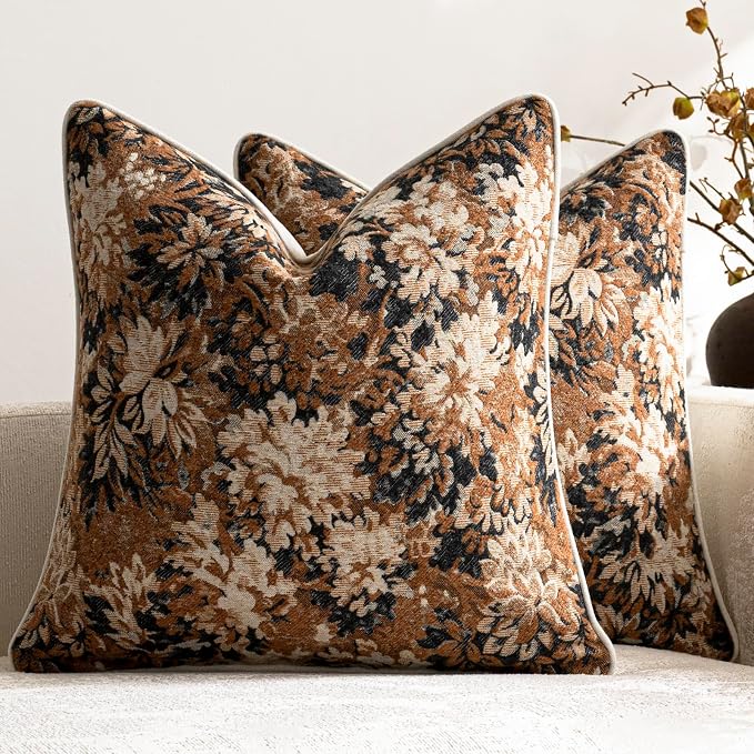 Pack of 2 Vintage Floral Throw Pillow Covers 16x16 Boho Farmhouse Accents Chenille Square Decorative Pillow Cases for Living Room Couch Bed Home Decor, Cognac