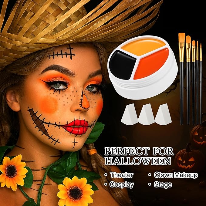 Black Yellow Orange Face Body Paint Kit, Pumpkin Halloween Makeup Cream Bodypaint with Brushes & Sponge Applicators for Kids, Facepaint Set for Scarecrow Clown Tiger Lion Fox Costume Cosplay SFX Looks
