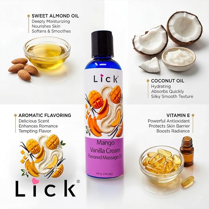 Lick Mango Vanilla Cream Flavored Massage Oil – Tropical Edible Massage Oil with Sweet Almond Oil & Vitamin E, Hydrating Body-Safe Formula for Relaxing Couples Massage, 4 oz