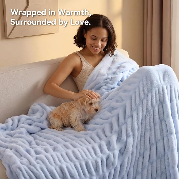 Light Blue Fluffy Blanket for Couch - Luxury Faux Rabbit Fur 60"x80" | Ultra Soft & Plush Comfort Ruched Blanket, Cozy Fuzzy Fleece Throw for Sofa, Bed & Office, Gift for Women, Blue Room Decor