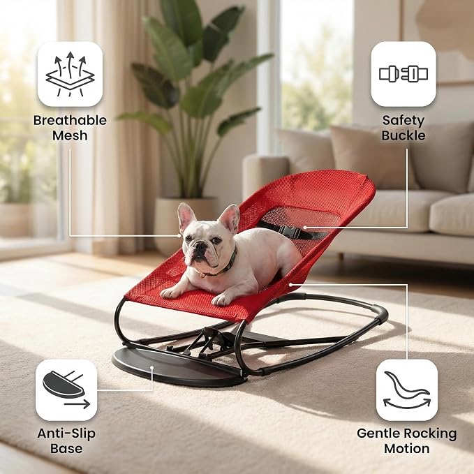 Cat & Dog Rocking Chair - Bouncer Bed for Frenchie, French Bulldog Lounge, Outdoor Portable Foldable Pet Furniture. Adjustable Height, Breathable Mesh, Safety Harness for Small Animals & Puppies