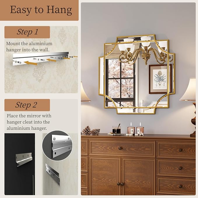 Kelly Miller 26"x26" Gold Foil Scalloped Edge Decorative Vanity Wall Mirror | Hand-Applied Gold Foil Finish. HD Mirror With French Cleat. Elegant Beveled Wall Mirror Decor For Bathroom Bedroom Entryway.