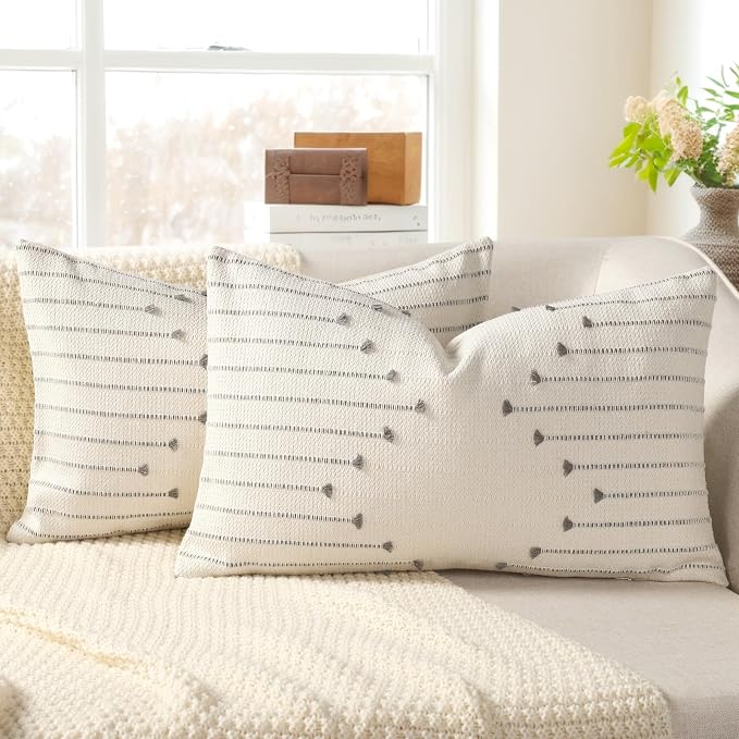 YCOLL Boho Outdoor Throw Pillow Covers 12x20 Set of 2 Neutral Woven Decorative Pillowcases Cotton Tufted Couch Pillows Modern Farmhouse Cushion Covers for Sofa Couch Bed Living Room Home Decor, Gray